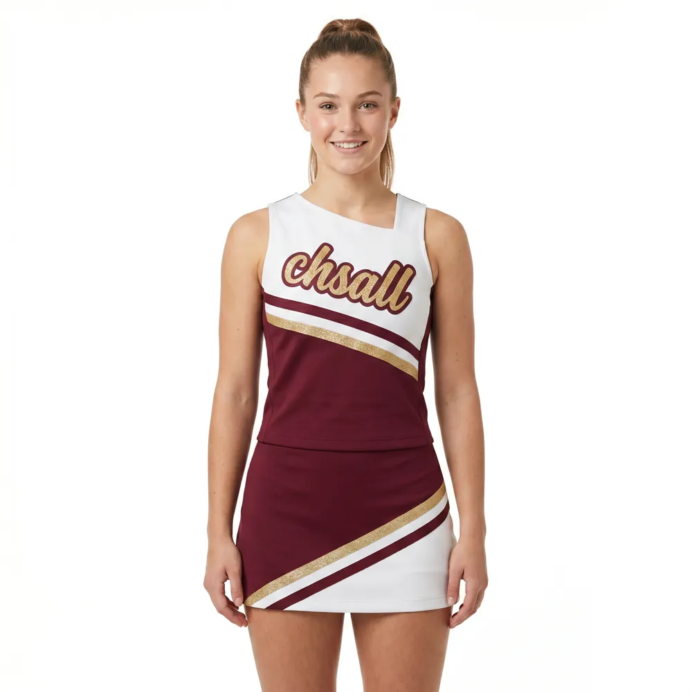 All Star Maroon Gold Cheer Dress CHSALL Logo with Pom Poms for Pro Football Spirit Team – photo 2