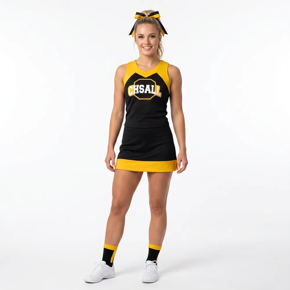 Varsity Style Black Yellow Cheer Outfit with Matching Pom Poms for School Basketball Pep Rallies – photo 2