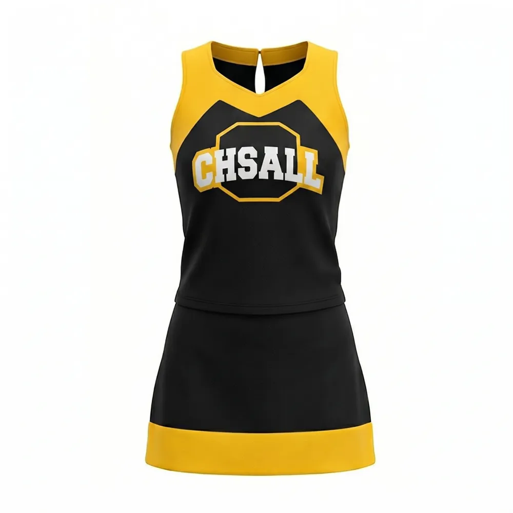 Varsity Style Black Yellow Cheer Outfit with Matching Pom Poms for School Basketball Pep Rallies – photo 3