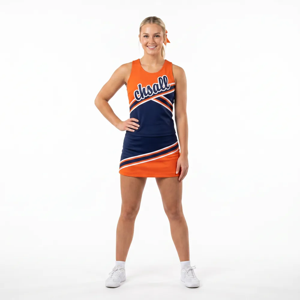 Women's Orange Navy Cheerleading Dress with CHSALL Logo for High School Football Spirit Games – photo 2