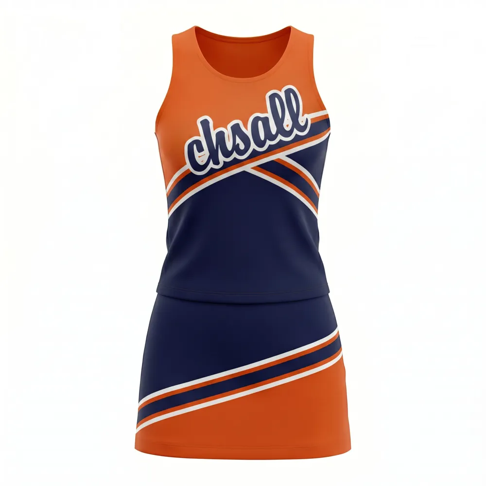 Women's Orange Navy Cheerleading Dress with CHSALL Logo for High School Football Spirit Games – photo 3