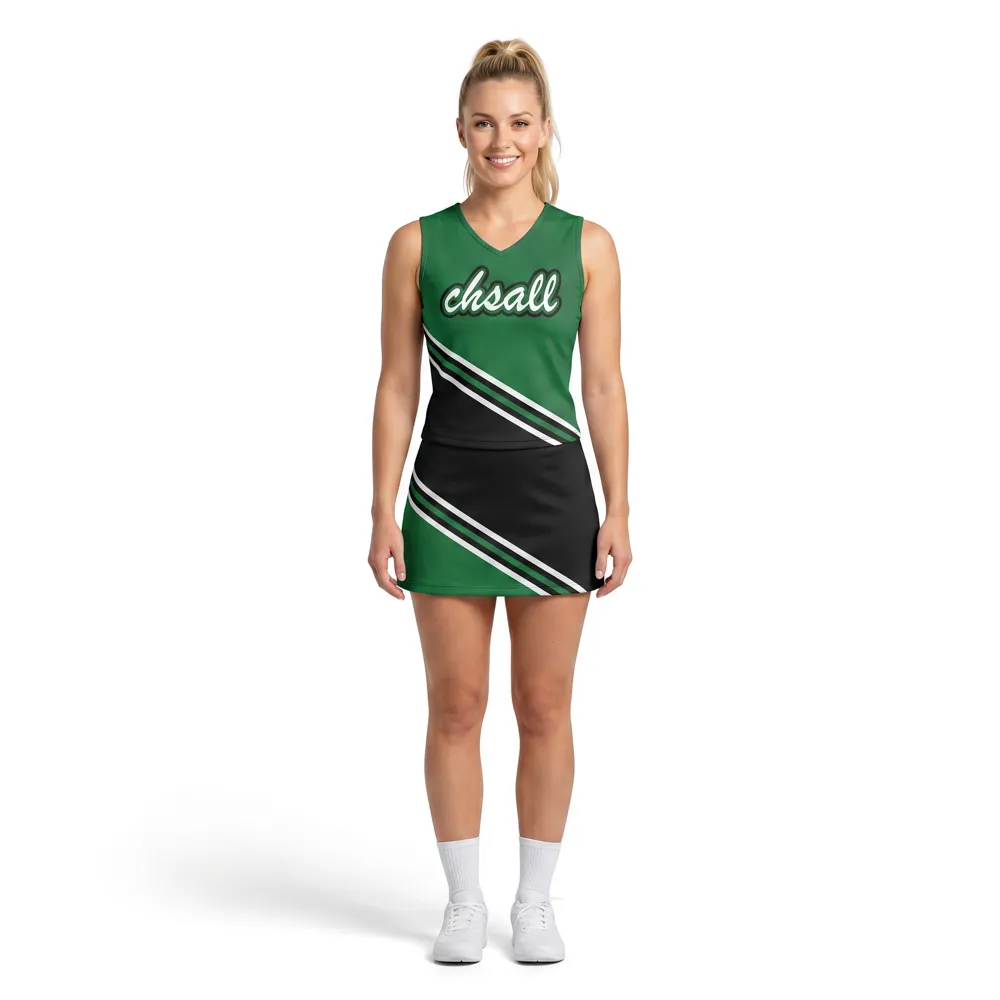 Women's Green Black Cheerleading Dress with CHSALL Logo for High School Football Spirit Games – photo 2
