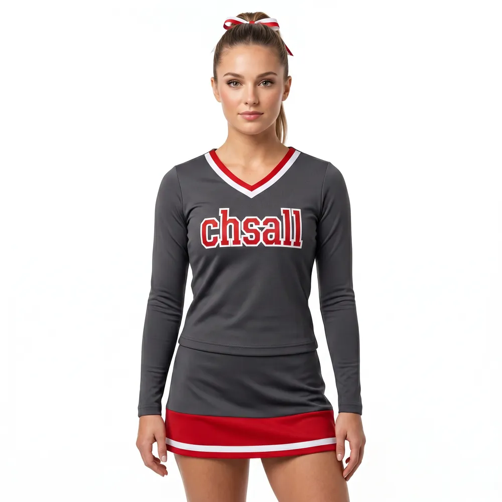 Varsity Style Gray Red Cheer Outfit with Matching Pom Poms and Bows for Pep Rally Events – photo 2