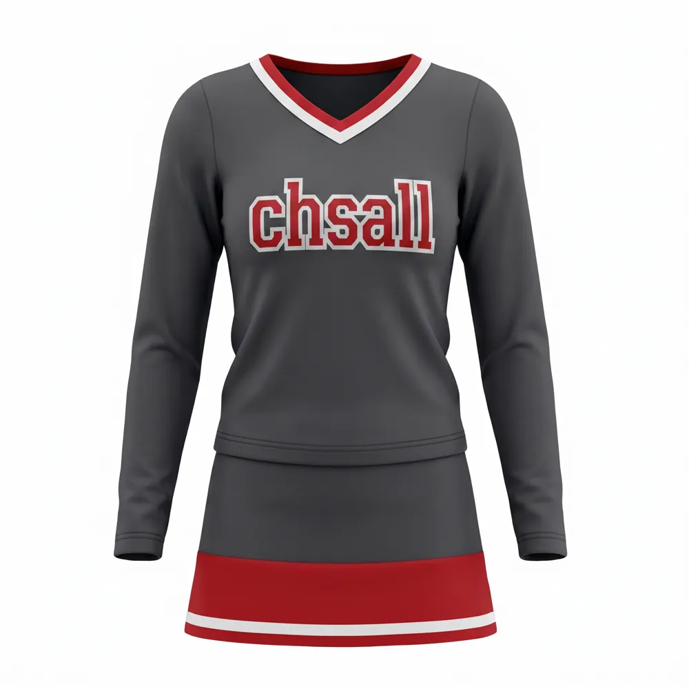 Varsity Style Gray Red Cheer Outfit with Matching Pom Poms and Bows for Pep Rally Events – photo 3