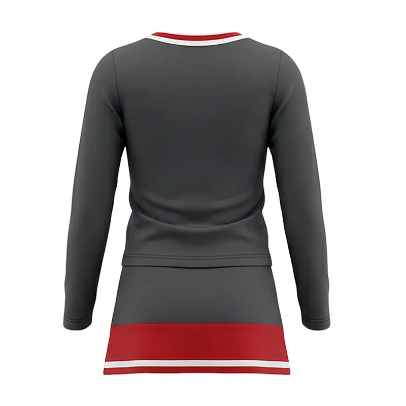 Varsity Style Gray Red Cheer Outfit with Matching Pom Poms and Bows for Pep Rally Events – photo 4