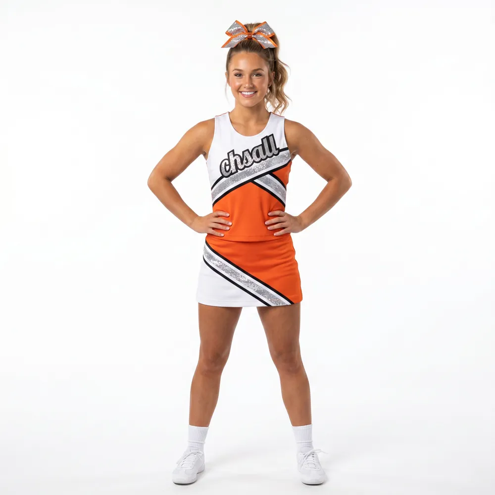 All Star Orange White Cheer Dress CHSALL Logo with Silver Accents for High School Spirit Team – photo 2