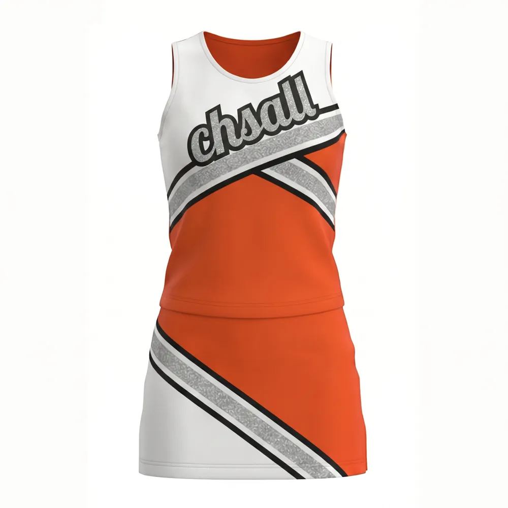 All Star Orange White Cheer Dress CHSALL Logo with Silver Accents for High School Spirit Team – photo 3
