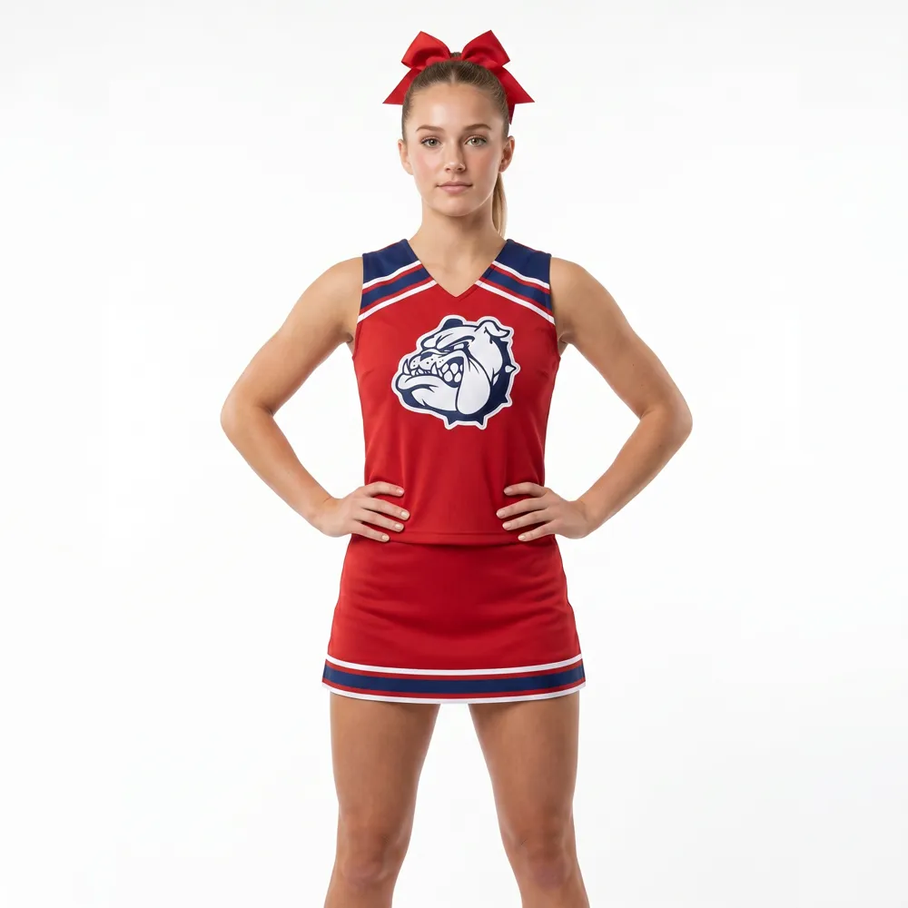 Team Red Blue Bulldogs Cheerleading Uniform Set with Mascot for Competitive Cheer Performances – photo 2
