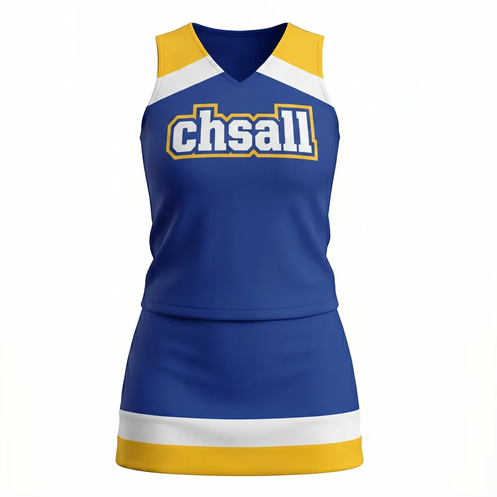High School Blue Yellow Cheerleading Uniform with CHSALL Logo for Football Pep Rallies – photo 3