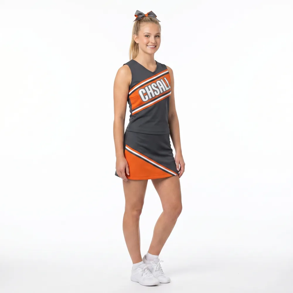 Modern Gray Orange Cheerleading Uniform with Sleeveless Top for Competitive Cheer Teams – photo 2