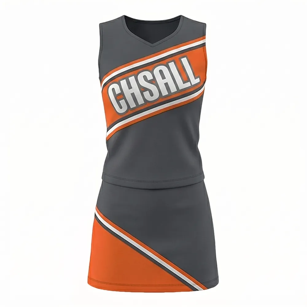 Modern Gray Orange Cheerleading Uniform with Sleeveless Top for Competitive Cheer Teams – photo 3