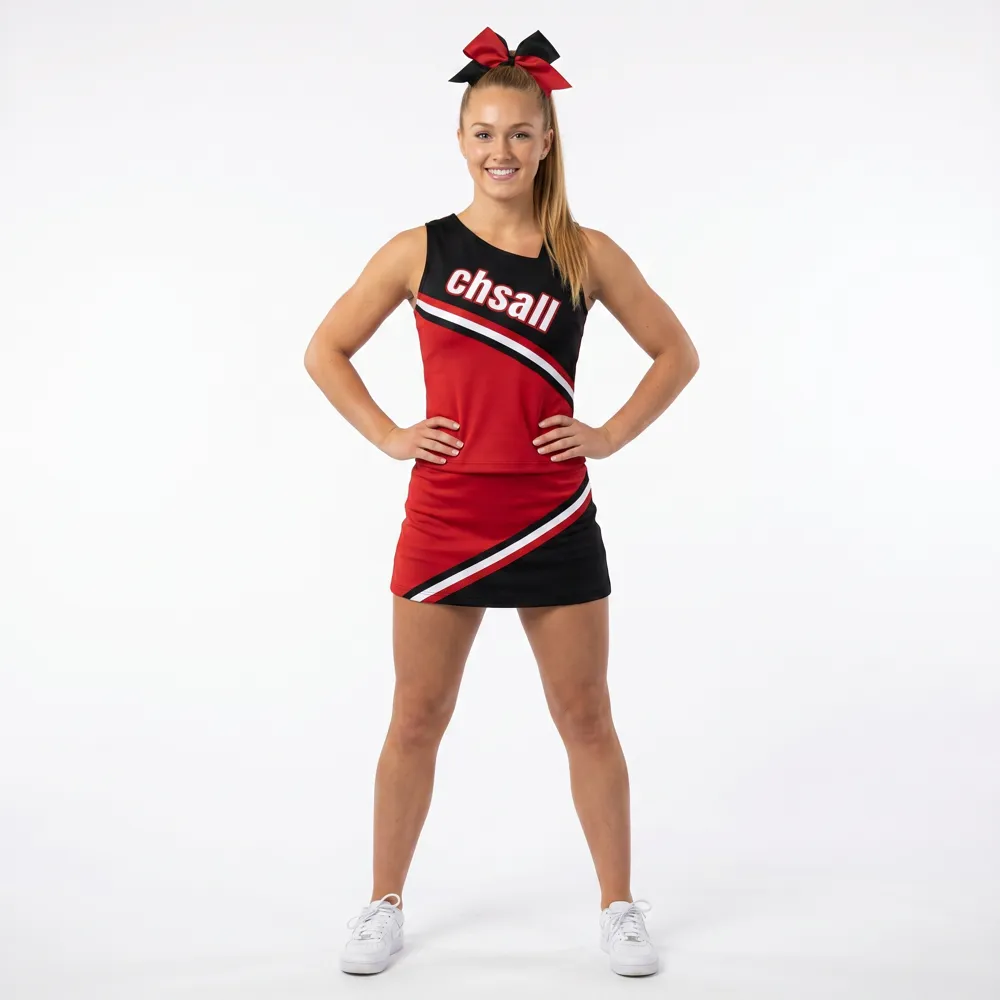 Game Day VarsityRed Black Cheer Outfit Sleeveless Top and Skirt with Matching Pom Poms – photo 2
