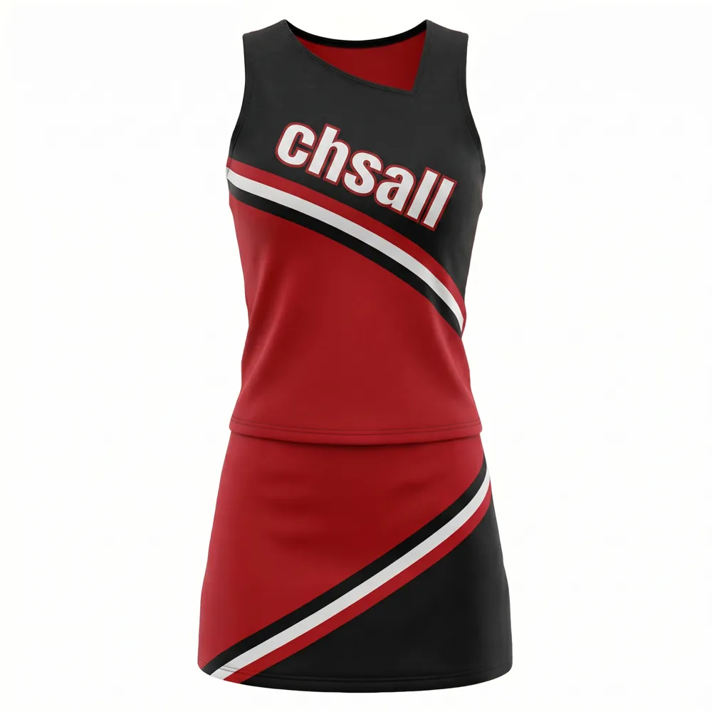 Game Day VarsityRed Black Cheer Outfit Sleeveless Top and Skirt with Matching Pom Poms – photo 3