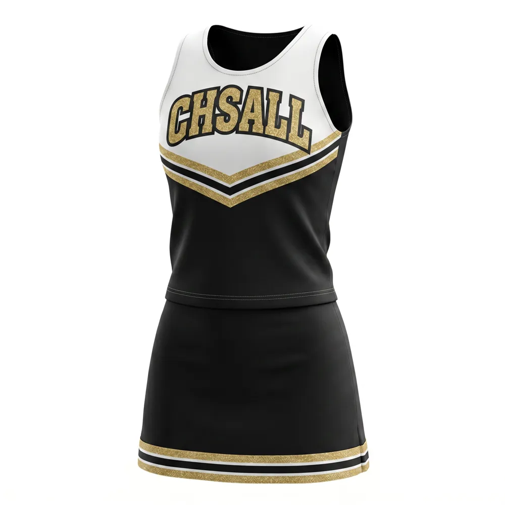 Team Black Gold Cheerleading Uniform Set with CHSALL Logo for Competitive Cheer Performances – photo 3