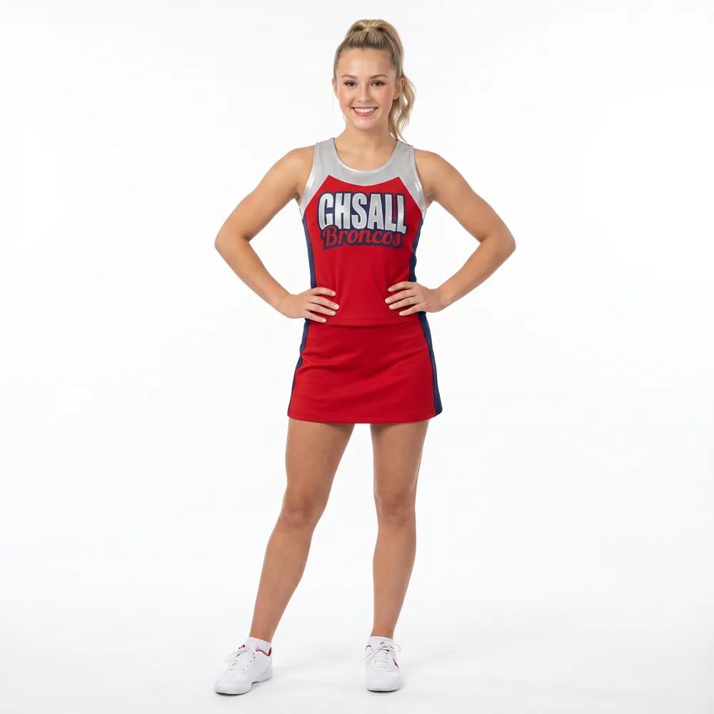 Cheer Team Uniform | Red Silver Sleeveless Cheerleading Outfit with Matching Pom Poms – photo 2
