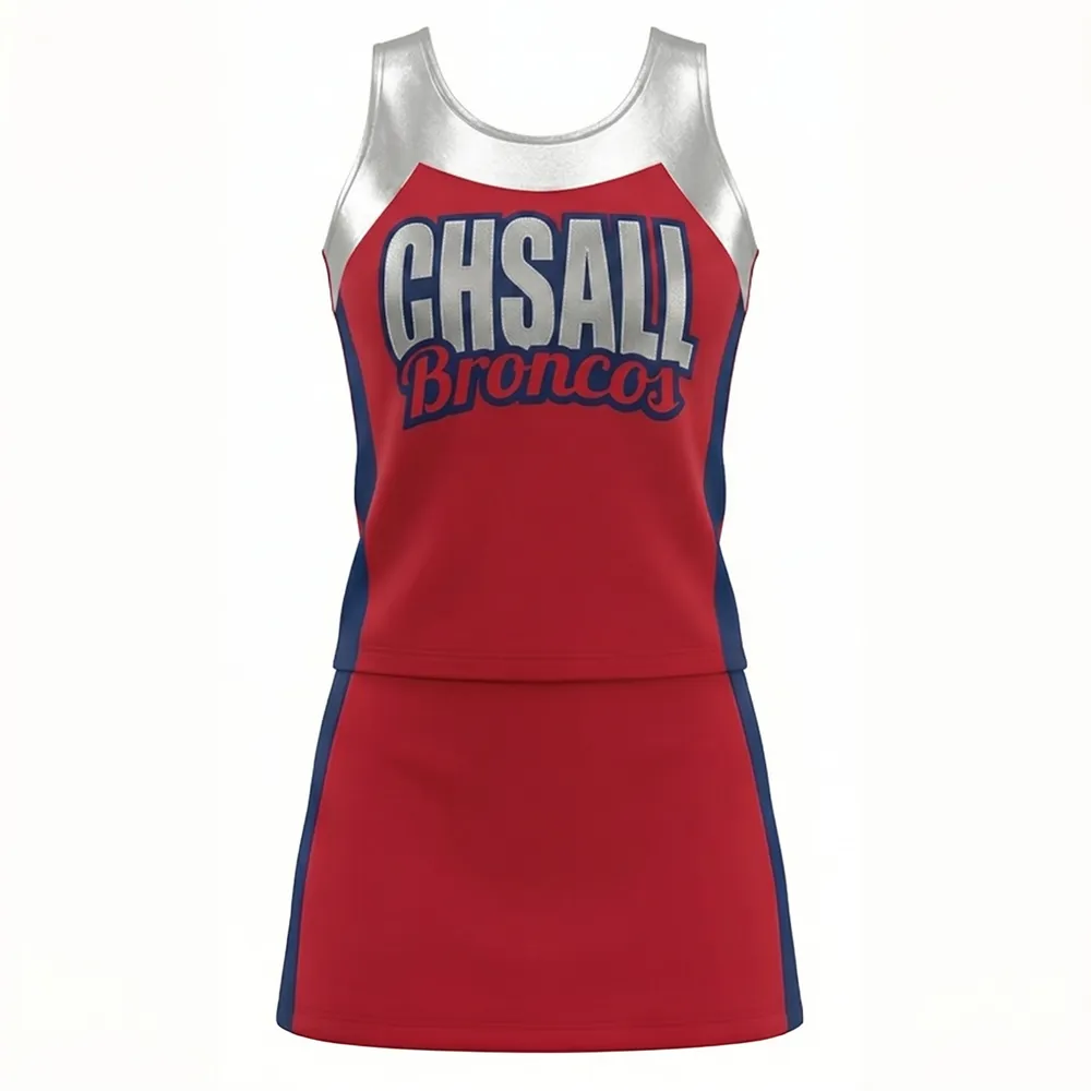 Cheer Team Uniform | Red Silver Sleeveless Cheerleading Outfit with Matching Pom Poms – photo 3