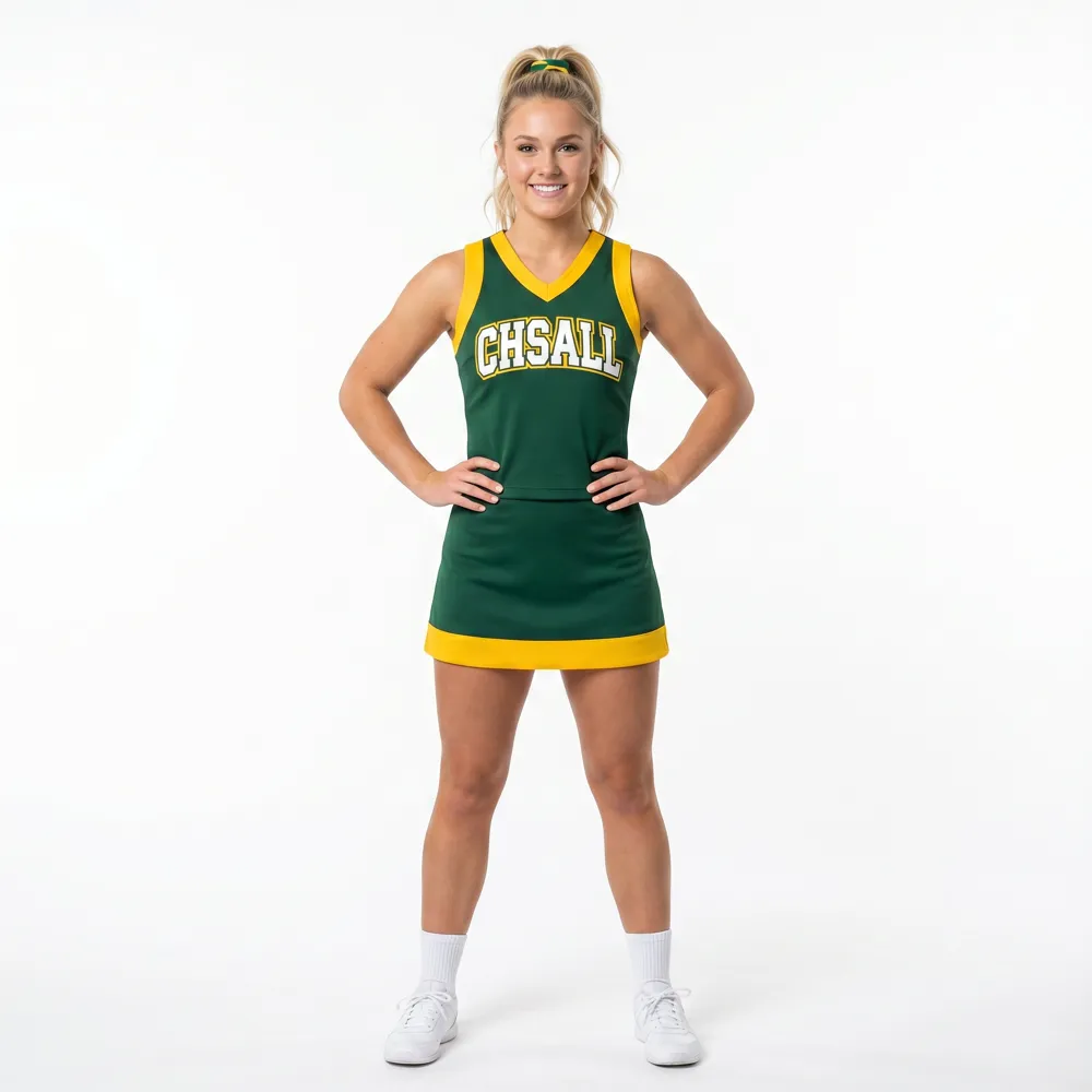 Women's Green Yellow Cheerleading Dress with CHSALL Logo for High School Basketball Spirit Games – photo 2