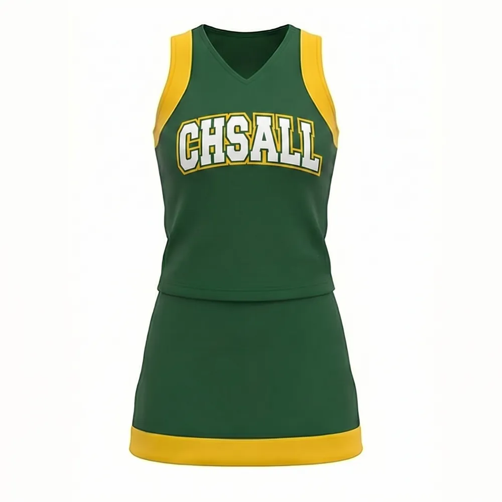 Women's Green Yellow Cheerleading Dress with CHSALL Logo for High School Basketball Spirit Games – photo 3
