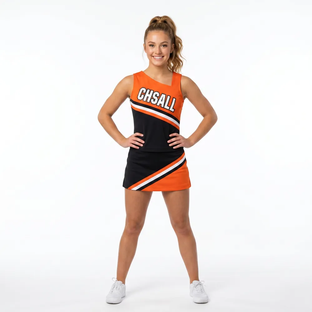 Youth Orange Black Cheerleading Outfit with Matching Pom Poms for Basketball Spirit Competitions – photo 2