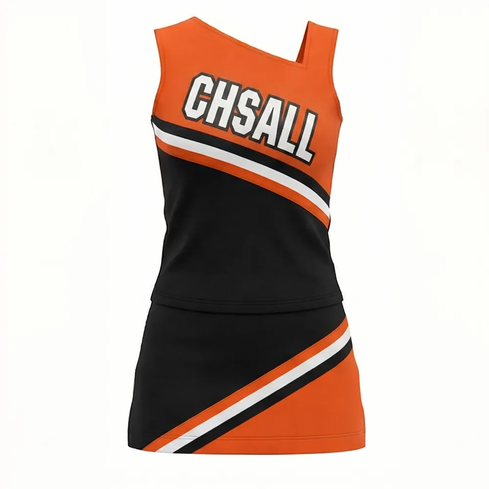 Youth Orange Black Cheerleading Outfit with Matching Pom Poms for Basketball Spirit Competitions – photo 3