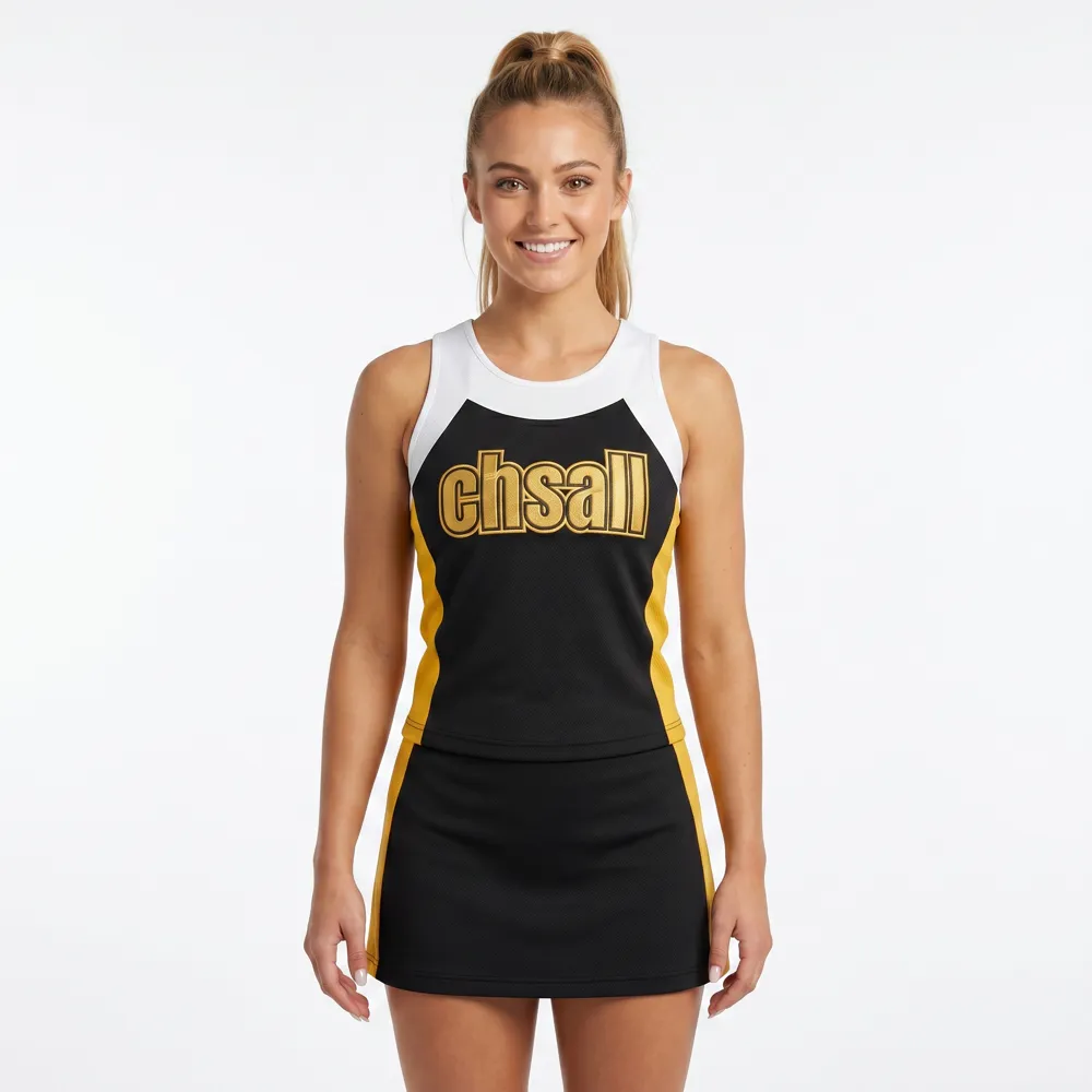 High School Black Gold Cheerleading Uniform CHSALL Logo for Football Spirit Team Performances – photo 2