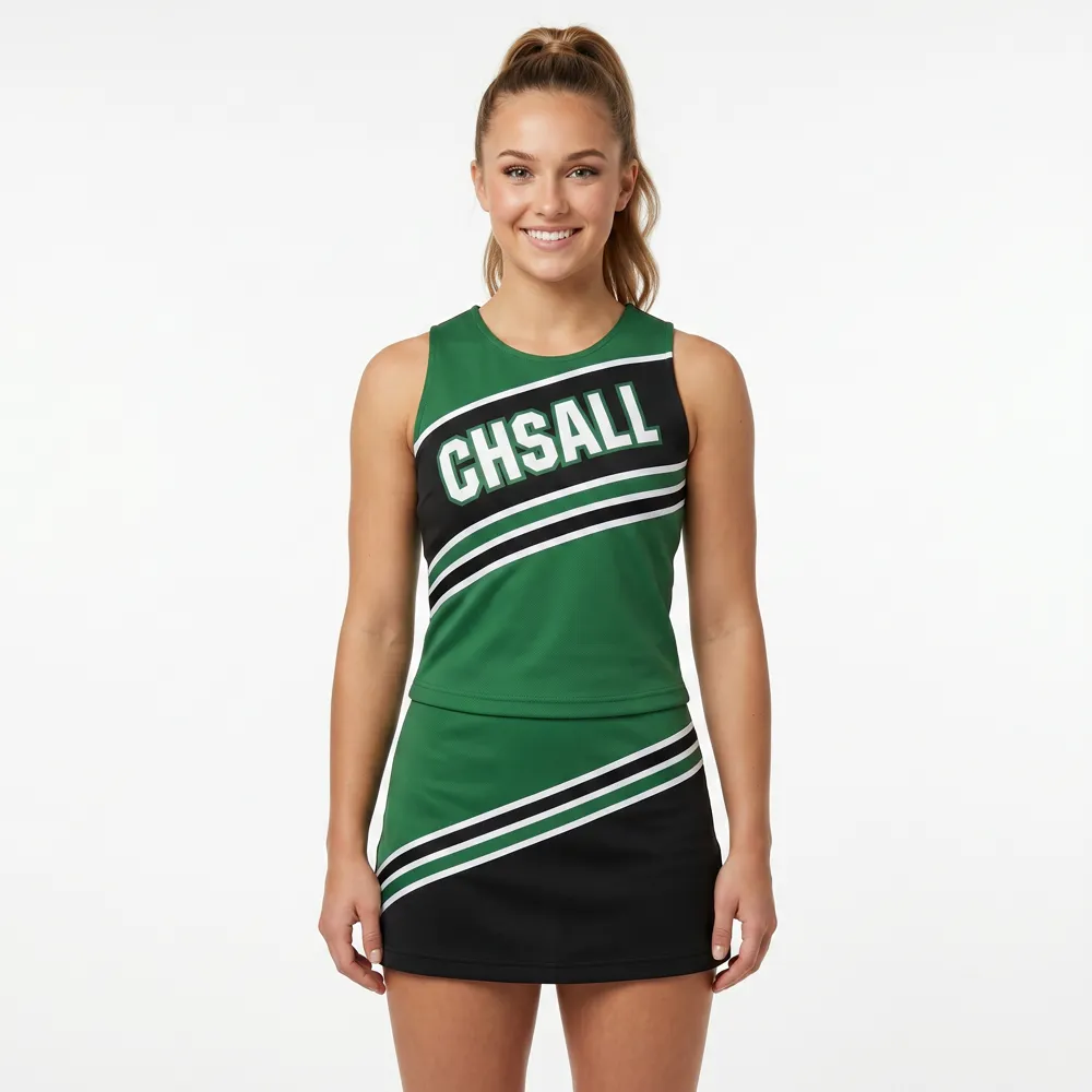 Varsity Green Black Sleeveless Cheer Outfit with Matching Pom Poms for Pep Rally Competitions – photo 2