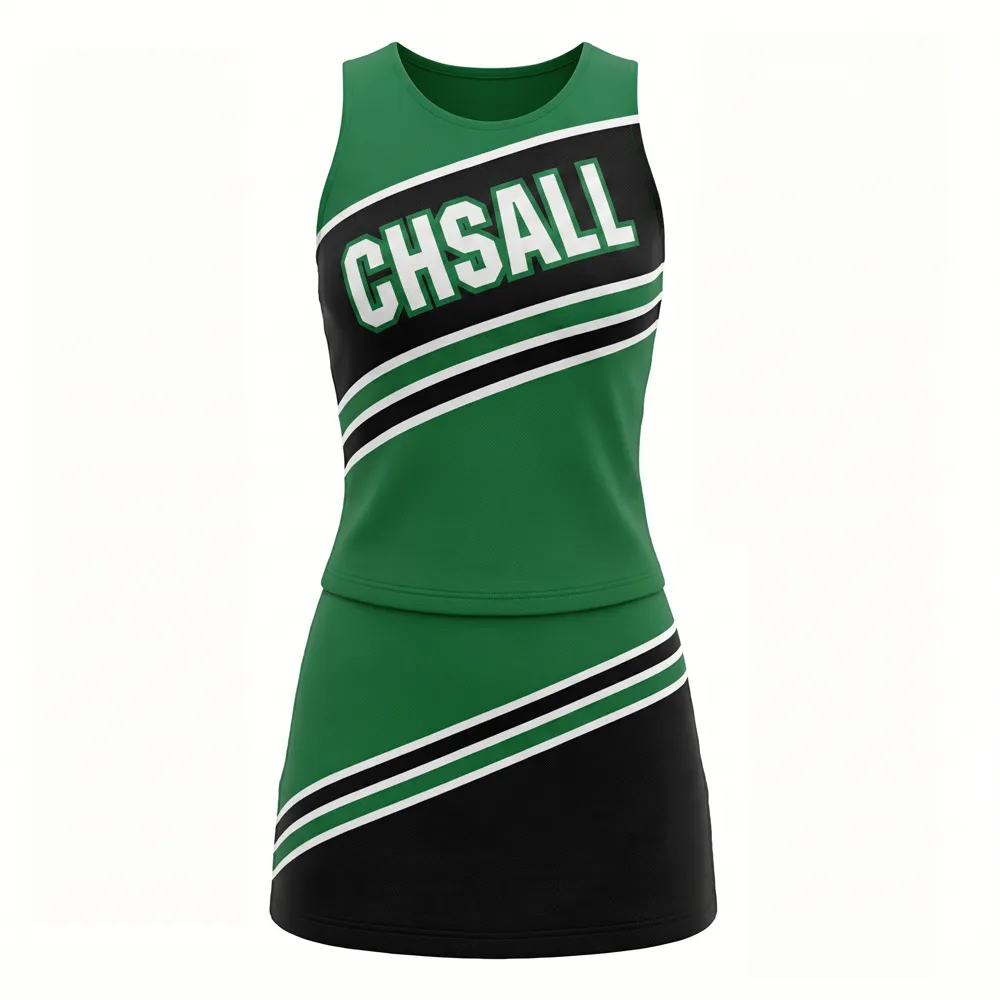 Varsity Green Black Sleeveless Cheer Outfit with Matching Pom Poms for Pep Rally Competitions – photo 4