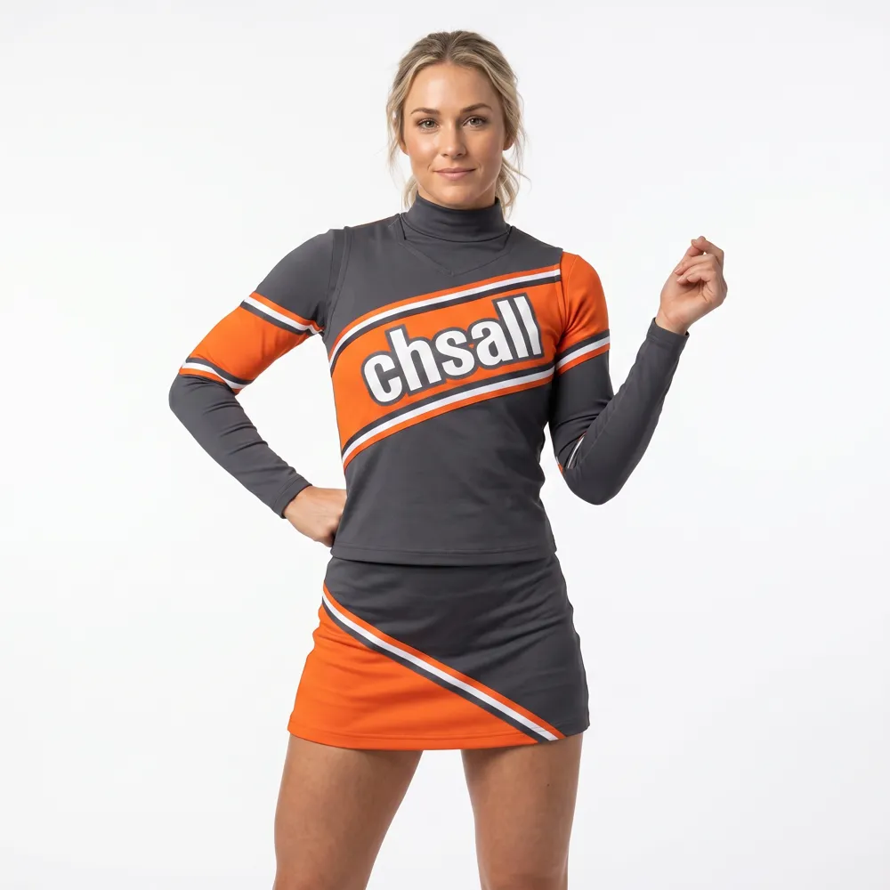 Women Grey Orange Long Sleeve Cheerleading Uniform CHSALL Logo with Pom Poms for High School Football – photo 2