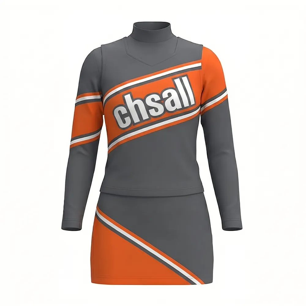 Women Grey Orange Long Sleeve Cheerleading Uniform CHSALL Logo with Pom Poms for High School Football – photo 3