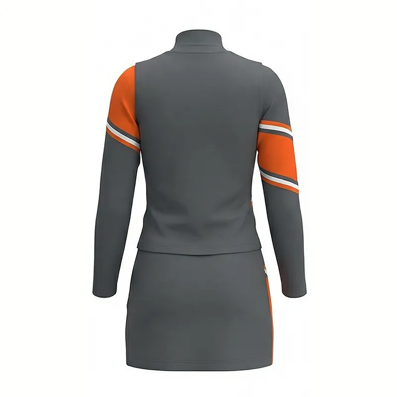 Women Grey Orange Long Sleeve Cheerleading Uniform CHSALL Logo with Pom Poms for High School Football – photo 4