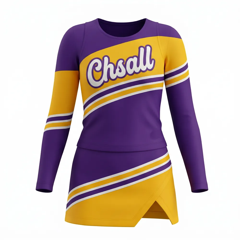 Women Purple Yellow Long Sleeve Cheerleading Uniform Chsall Logo for High School Football – photo 2