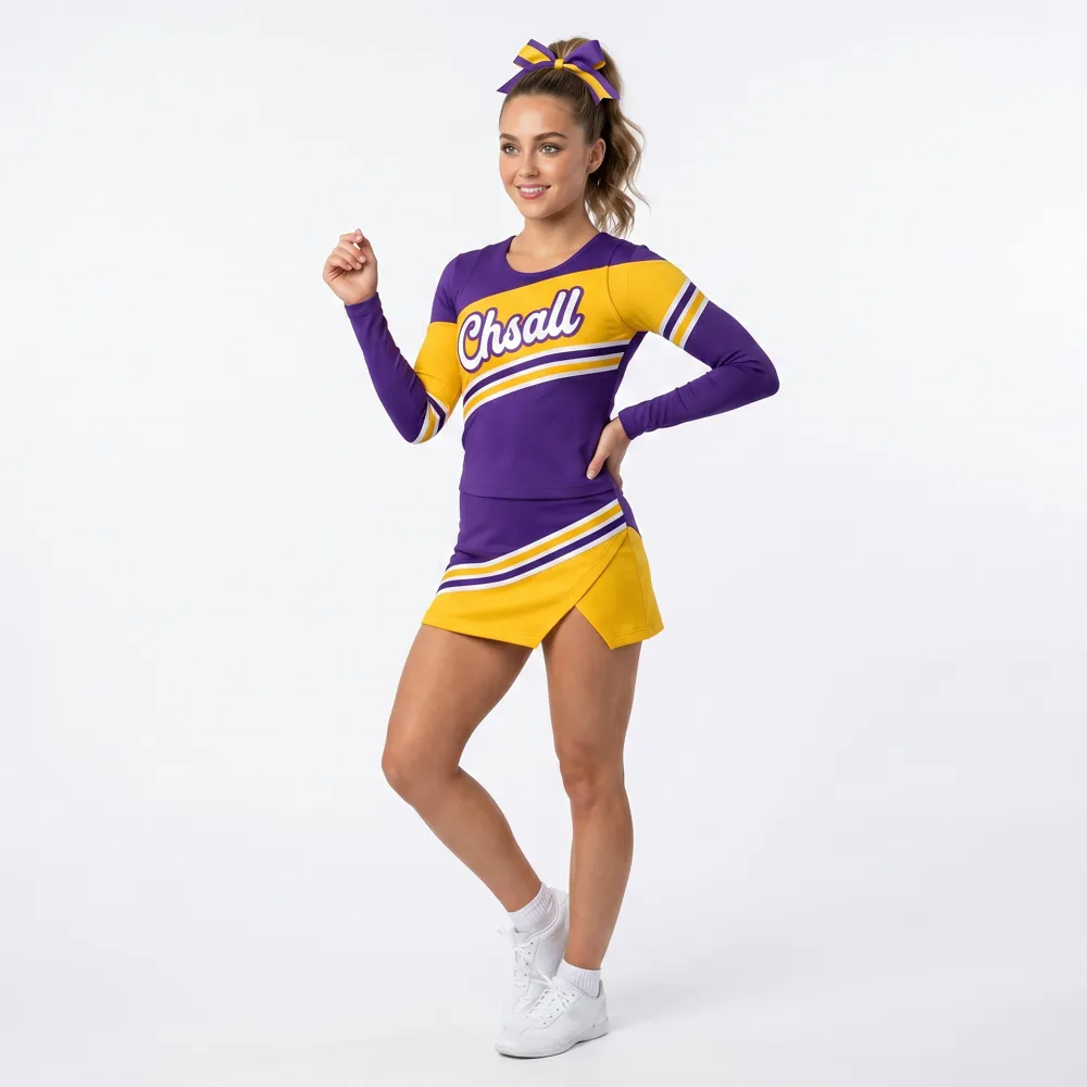 Women Purple Yellow Long Sleeve Cheerleading Uniform Chsall Logo for High School Football – photo 3