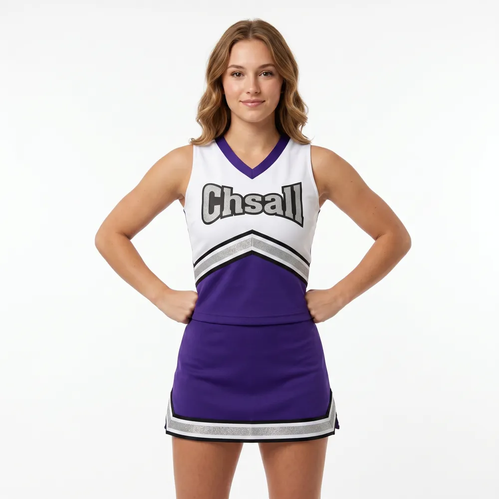Customizable Sleeveless White Purple Cheer Outfit for Football Pep Rally & Cheerleading – photo 2
