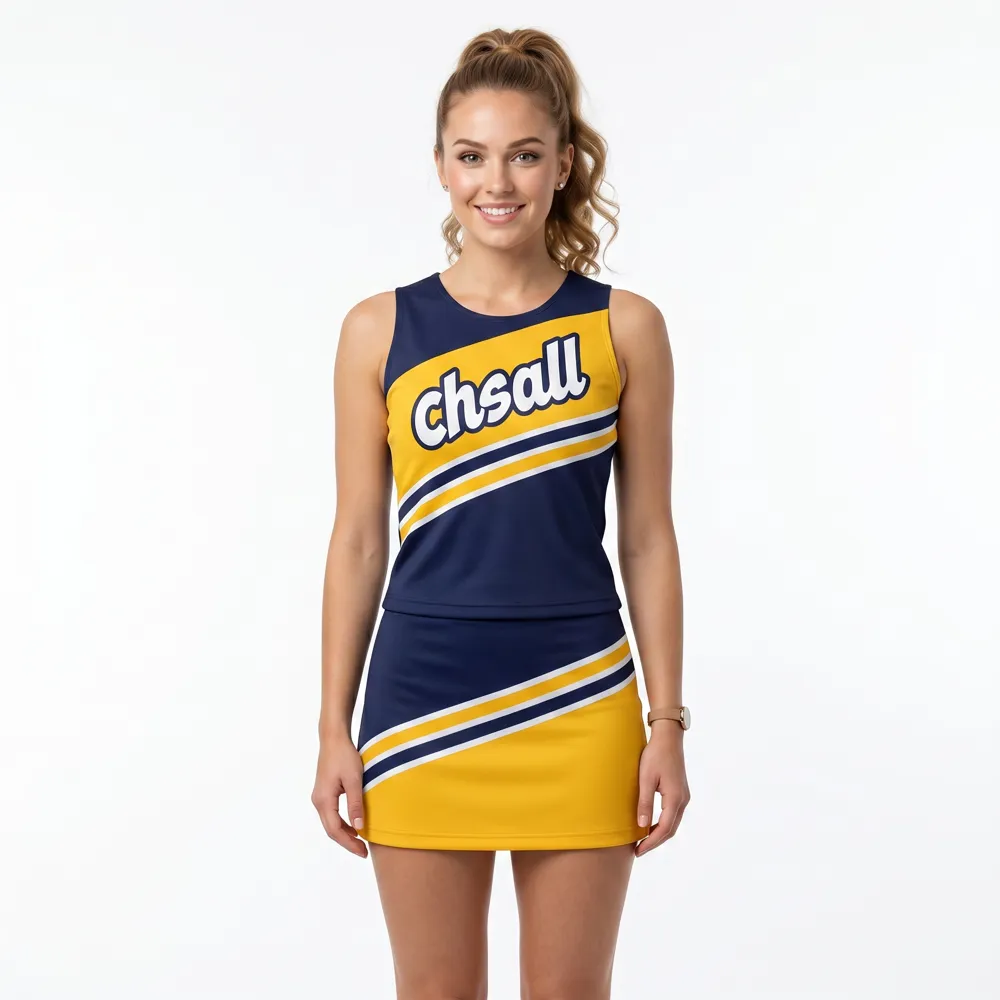 Blue Gold CHSALL Cheerleading Outfit Sleeveless Uniform with Team Logo Pom Poms for Basketball Game Day – photo 2