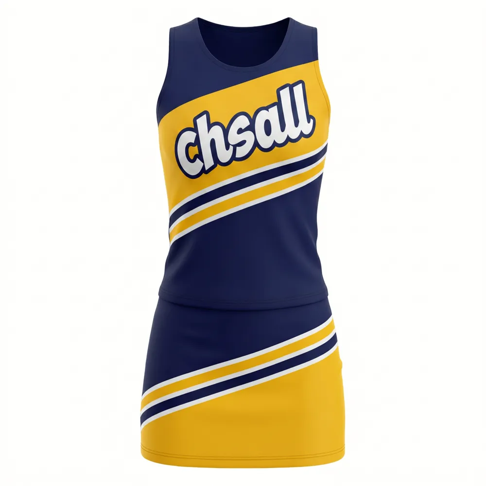 Blue Gold CHSALL Cheerleading Outfit Sleeveless Uniform with Team Logo Pom Poms for Basketball Game Day – photo 3