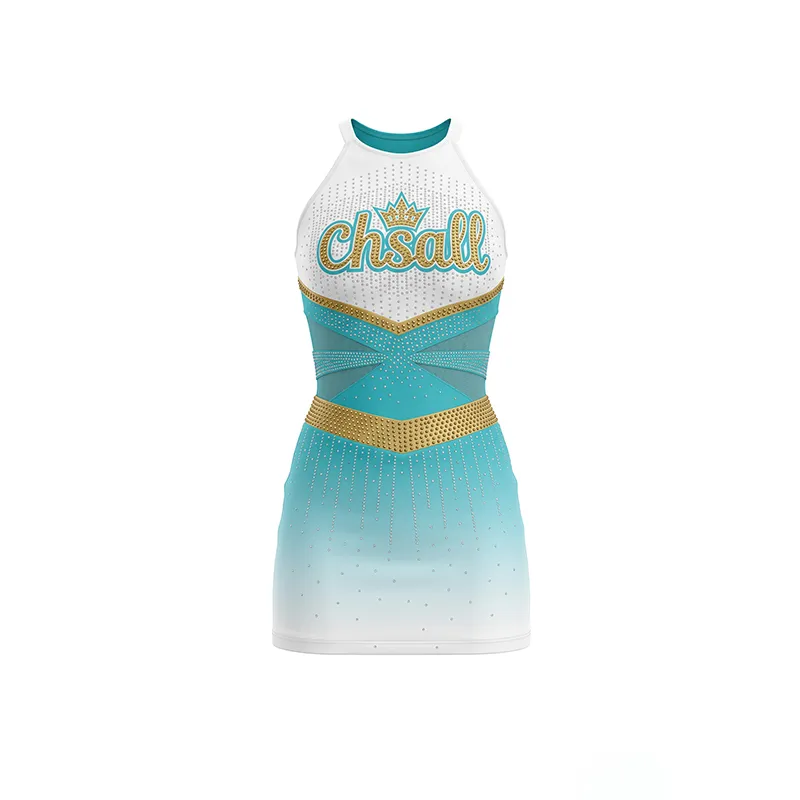 High Neck Teal Teal White Cheerleading Dress with Gold Trim and Crown Logo for Stage – photo 3