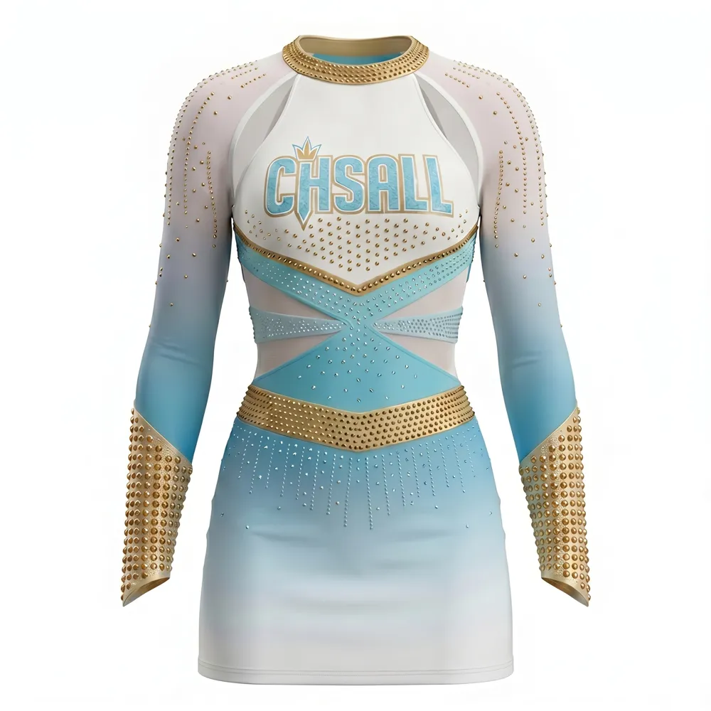 Varsity Blue White Rhinestone Cheerleading Uniform Long Sleeve CHSALL Logo for Competition – photo 3