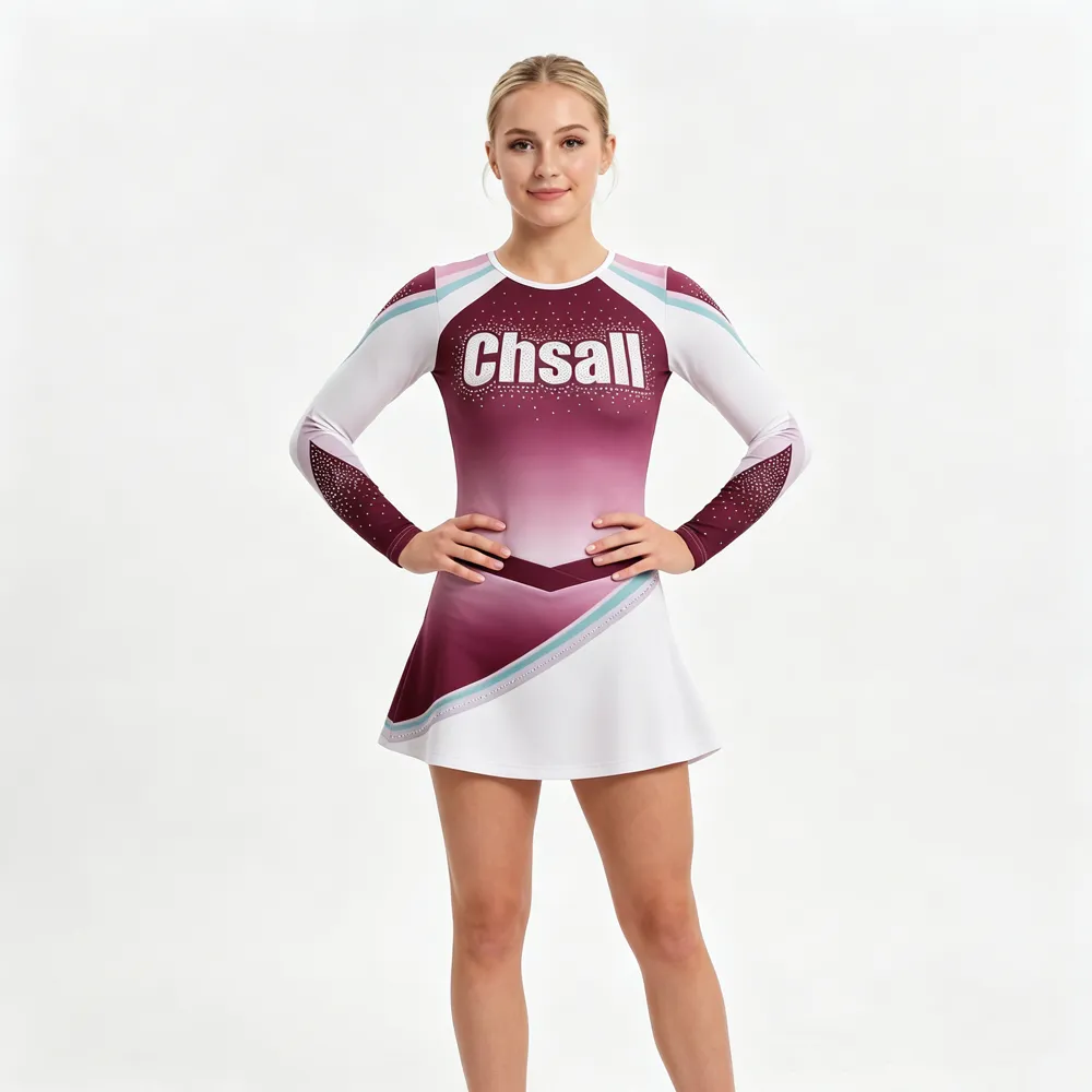 Long Sleeve Maroon Ombre Cheerleading Costume with White Trim and Sparkle Rhinestones for High School Spirit Team – photo 2