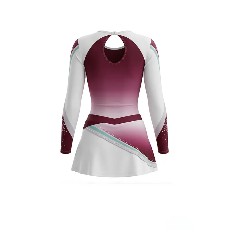 Long Sleeve Maroon Ombre Cheerleading Costume with White Trim and Sparkle Rhinestones for High School Spirit Team – photo 3