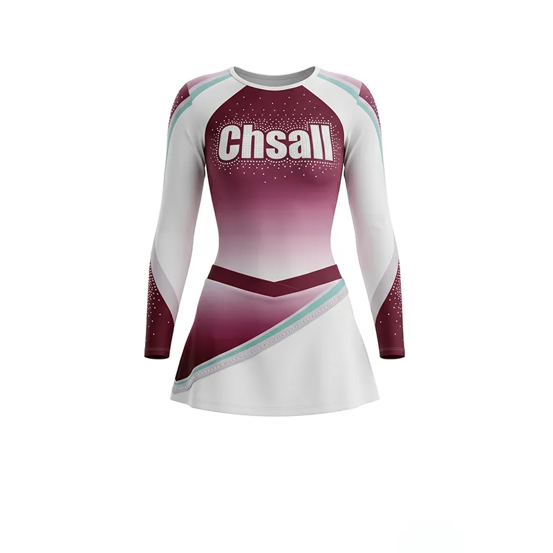 Long Sleeve Maroon Ombre Cheerleading Costume with White Trim and Sparkle Rhinestones for High School Spirit Team – photo 4