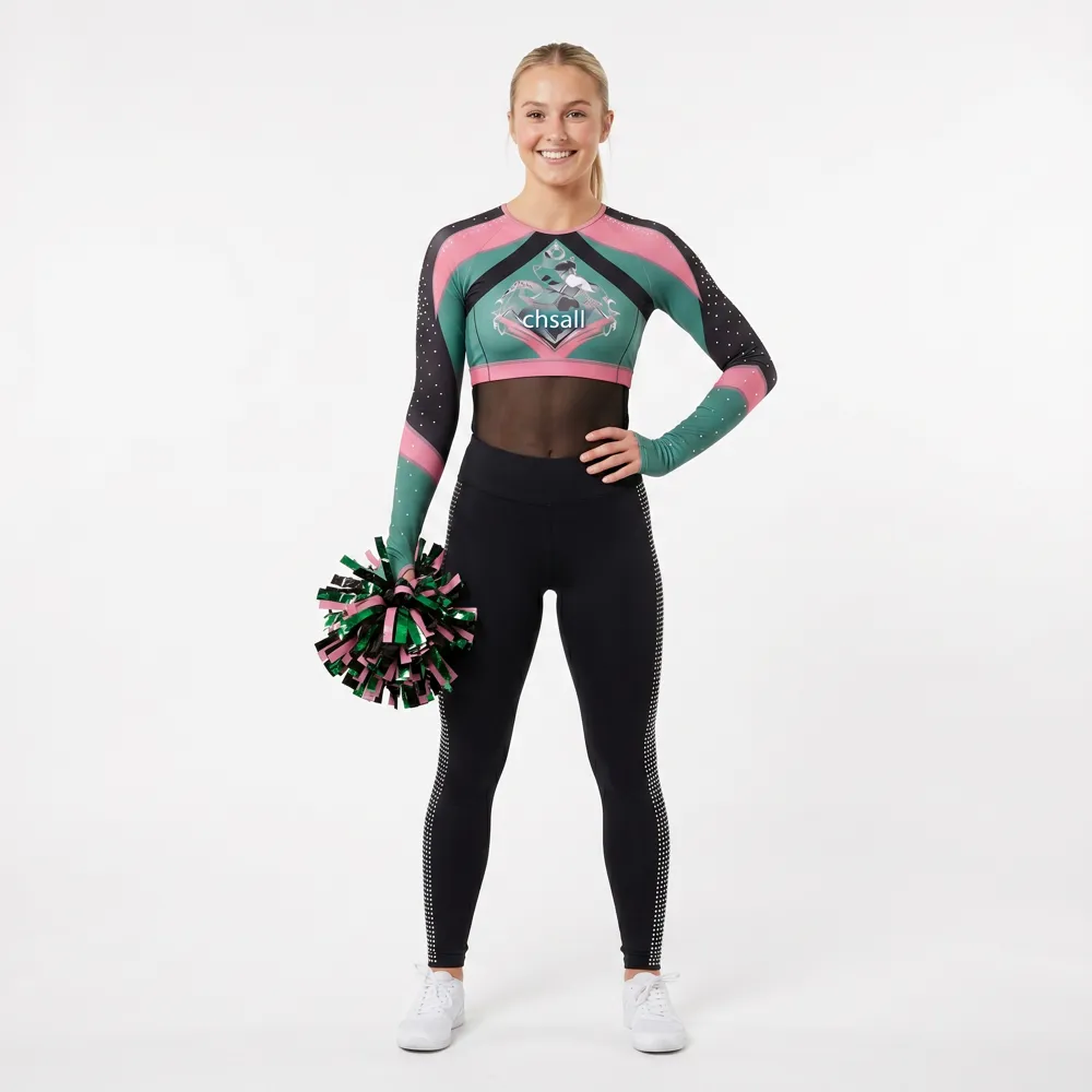 Women Green Pink Mesh Cheerleading Crop Top with Leggings Chsall Logo for Game Day Performances – photo 2