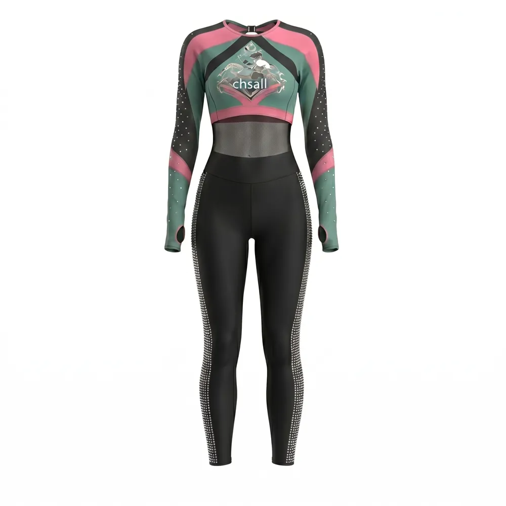 Women Green Pink Mesh Cheerleading Crop Top with Leggings Chsall Logo for Game Day Performances – photo 4