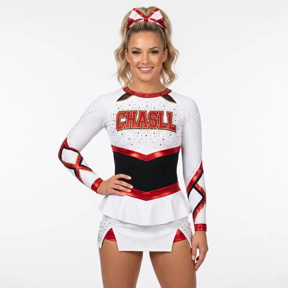 Varsity White Red Black Cheer Outfit with Satin Trim for High School Cheer Competitions – photo 2