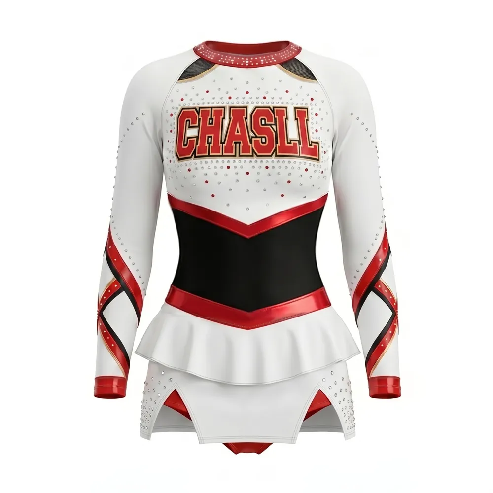Varsity White Red Black Cheer Outfit with Satin Trim for High School Cheer Competitions – photo 3