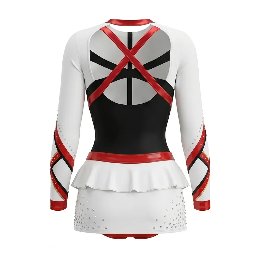 Varsity White Red Black Cheer Outfit with Satin Trim for High School Cheer Competitions – photo 4