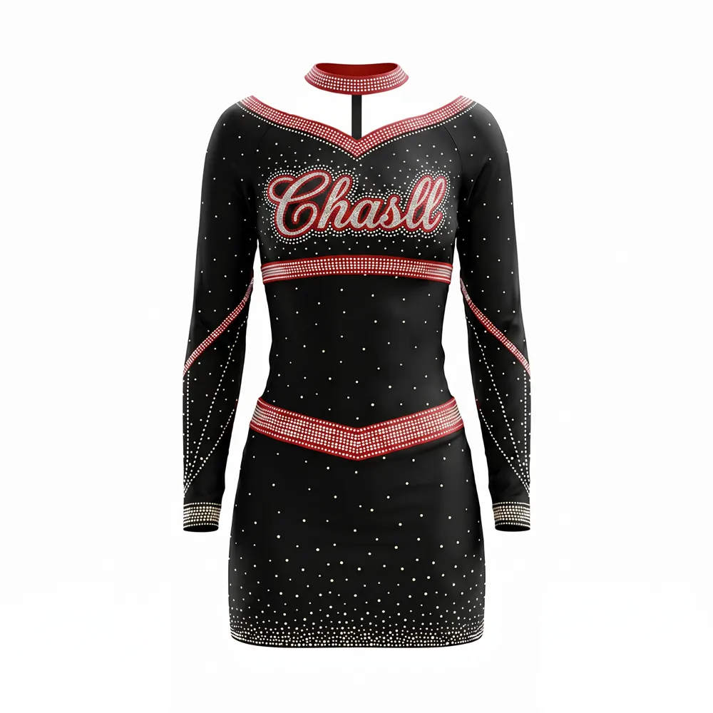 High Neck Black Red Long Sleeves and Matching Cheer Uniform for High School Spirit Games Stage Performances – photo 3