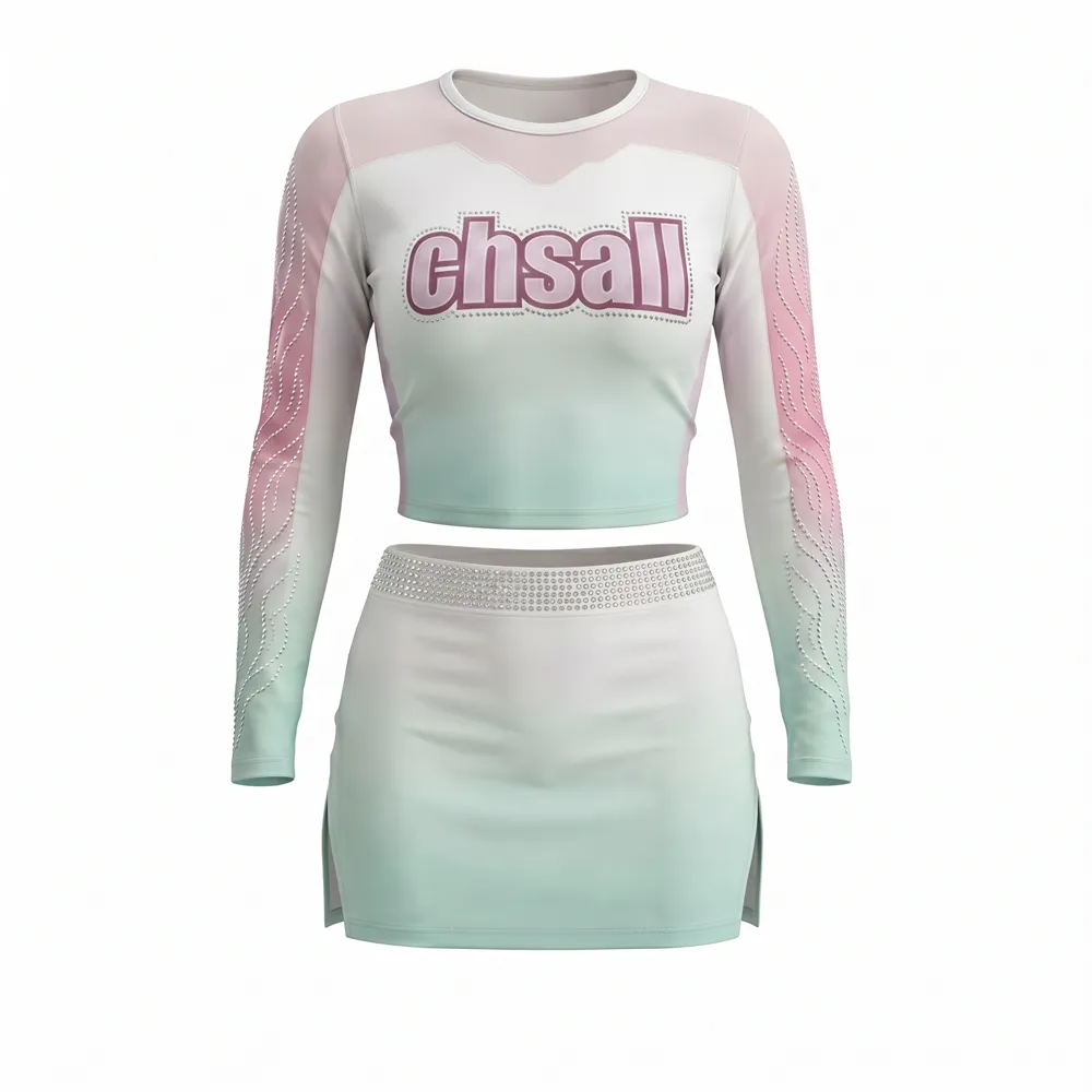 Pink Blue Gradient Rhinestone Cheerleading Crop Top with Skirt Chsall Logo for Competitions – photo 3