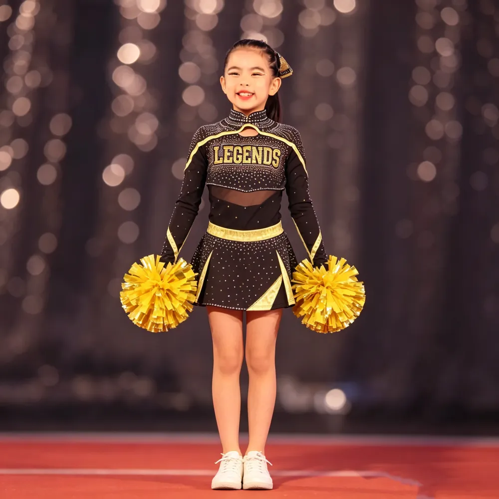 Black Gold Competition Cheerleading Uniform with Mesh Cutouts and Rhinestone Accents – photo 2