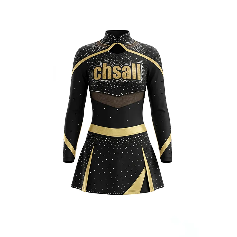 Black Gold Competition Cheerleading Uniform with Mesh Cutouts and Rhinestone Accents – photo 3