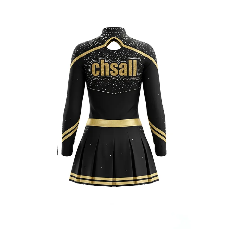 Black Gold Competition Cheerleading Uniform with Mesh Cutouts and Rhinestone Accents – photo 4